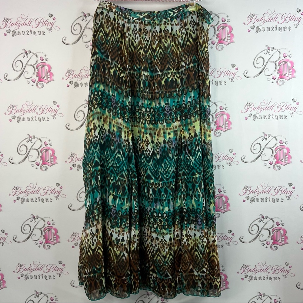 TanJay skirt long tiered Aztec boho ombré skirt Green and Brown Maxi Skirt